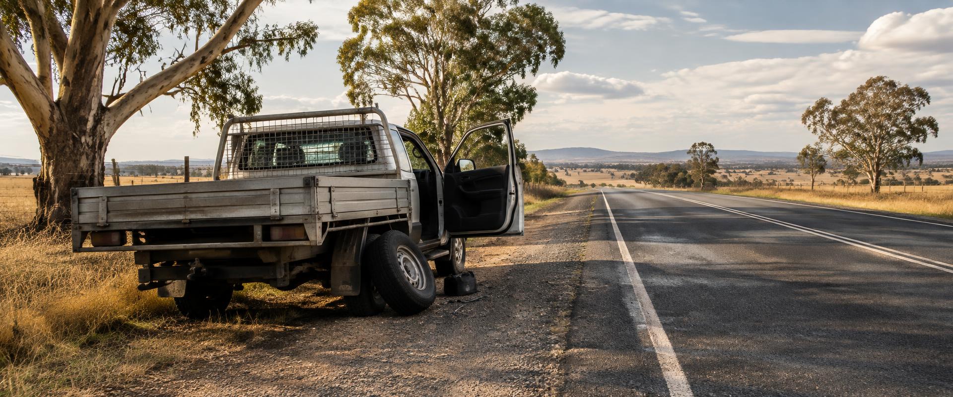 Illustrative ute stopped on a country roadside with a spare tyre and a flat tyre
