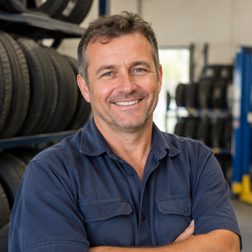 Illustrative portrait of a friendly Tyres & More mechanic